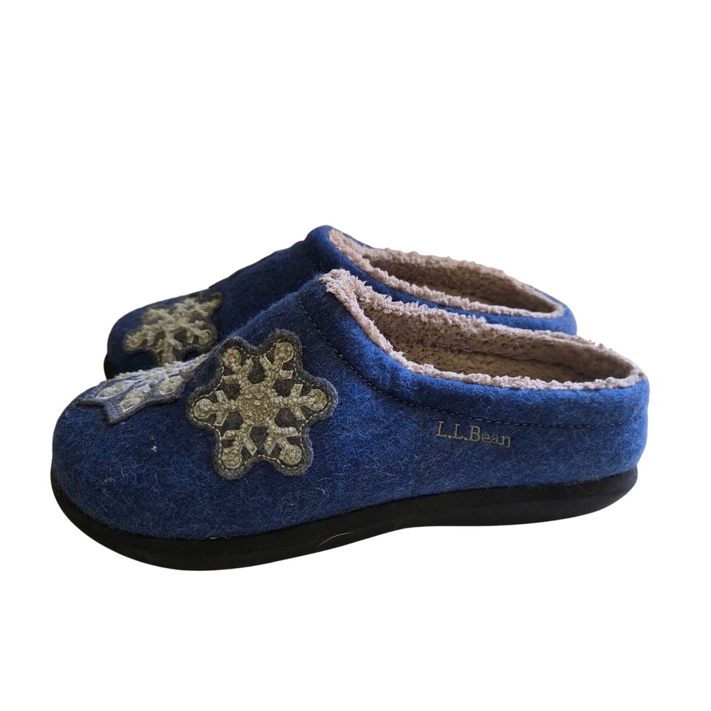 LL Bean Womens 7 Blue Wool Daybreak Scuffs Snowflake‎ Slippers 305194
